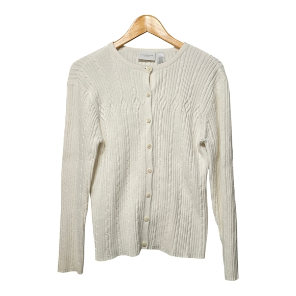 ​Liz Claiborne Vintage White Cotton Cable Knit Cardigan Sweater Cottagecore L - Picture 2 of 7